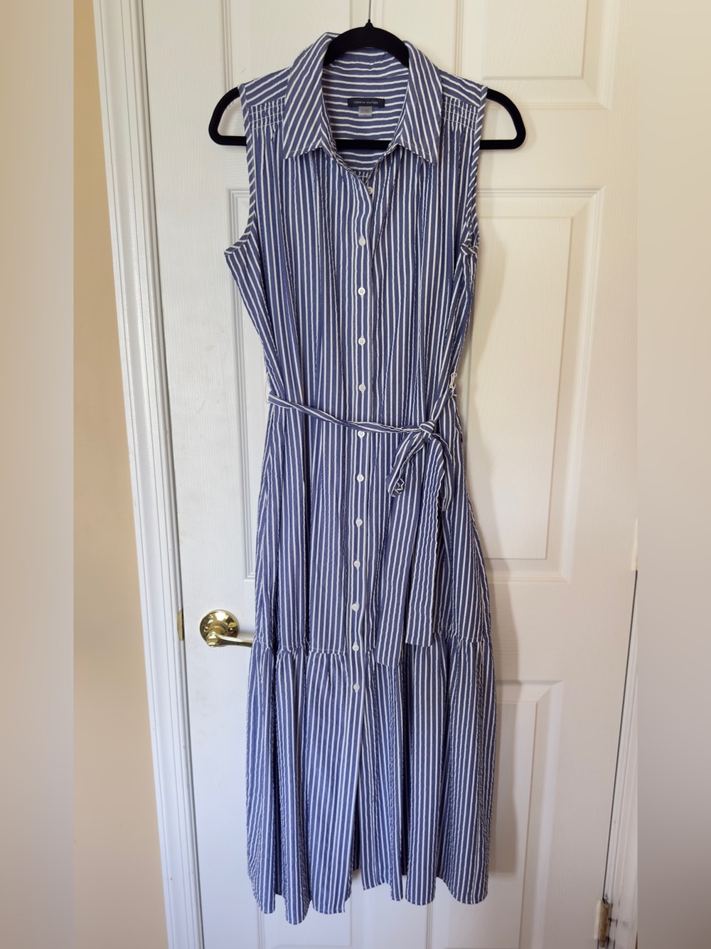 Tommy Hilfiger Sleeveless Blue and White Striped Shirt Dress with Tie Waist